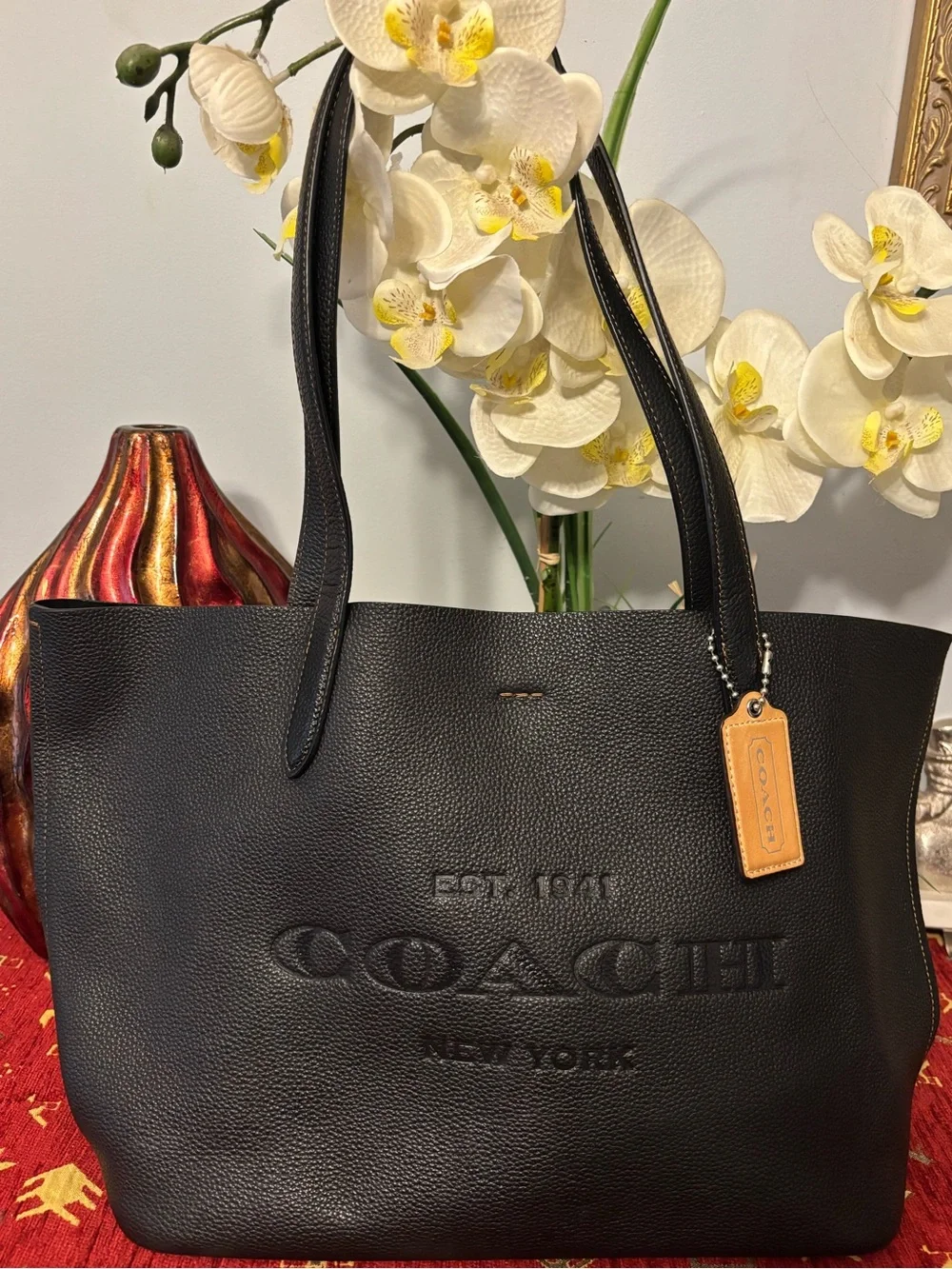 Coach Black Leather Tote with Tan Leather Tag
